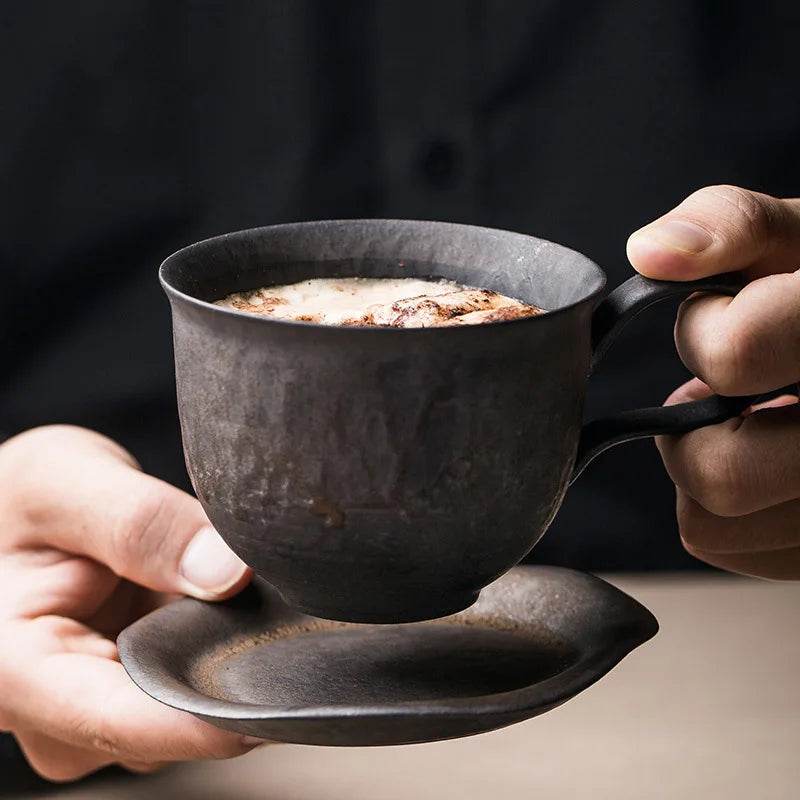 Rustic Vintage Wrought Iron Effect Ceramic Stoneware Coffee Cup with Saucer - Le Joyau Store - cozy,elegant,handmade,stoneware,vintage - 