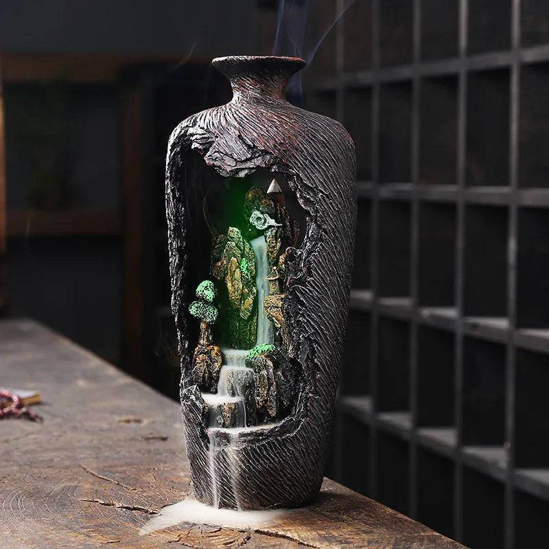 Rustic Fengshui Waterfall Village Vase LED Incense Burner Censer - Le Joyau Store - Backflow,Calm,Decor,Meditation,Resin - BurnerAF23 With LED