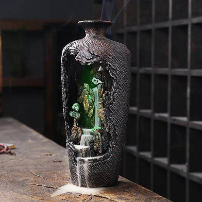 Rustic Fengshui Waterfall Village Vase LED Incense Burner Censer - Le Joyau Store - Backflow,Calm,Decor,Meditation,Resin - BurnerAF23 With LED