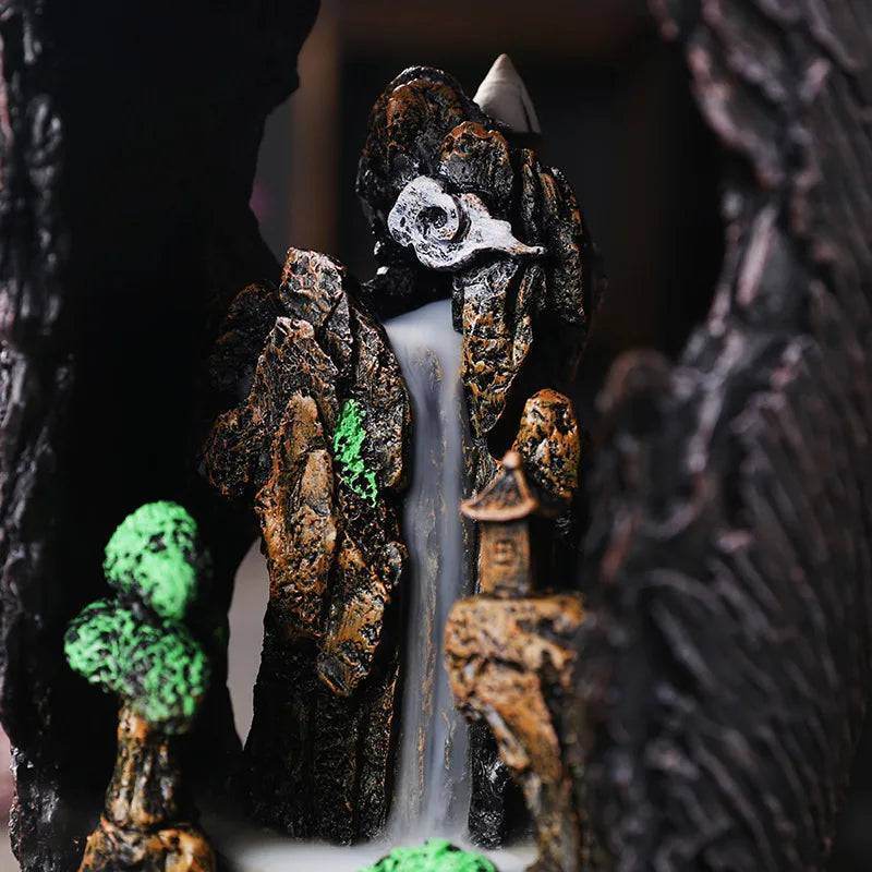 Rustic Fengshui Waterfall Village Vase LED Incense Burner Censer - Le Joyau Store - Backflow,Calm,Decor,Meditation,Resin - BurnerAF23 With LED