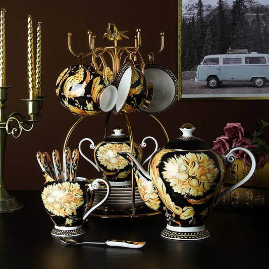 Luxury European Vintage Fine Bone China Black & Gold Floral Antique Teacup Set - Le Joyau Store - Bone China,Coffee Set,Elegant,High-Quality,Tea Cups - 4pcs set