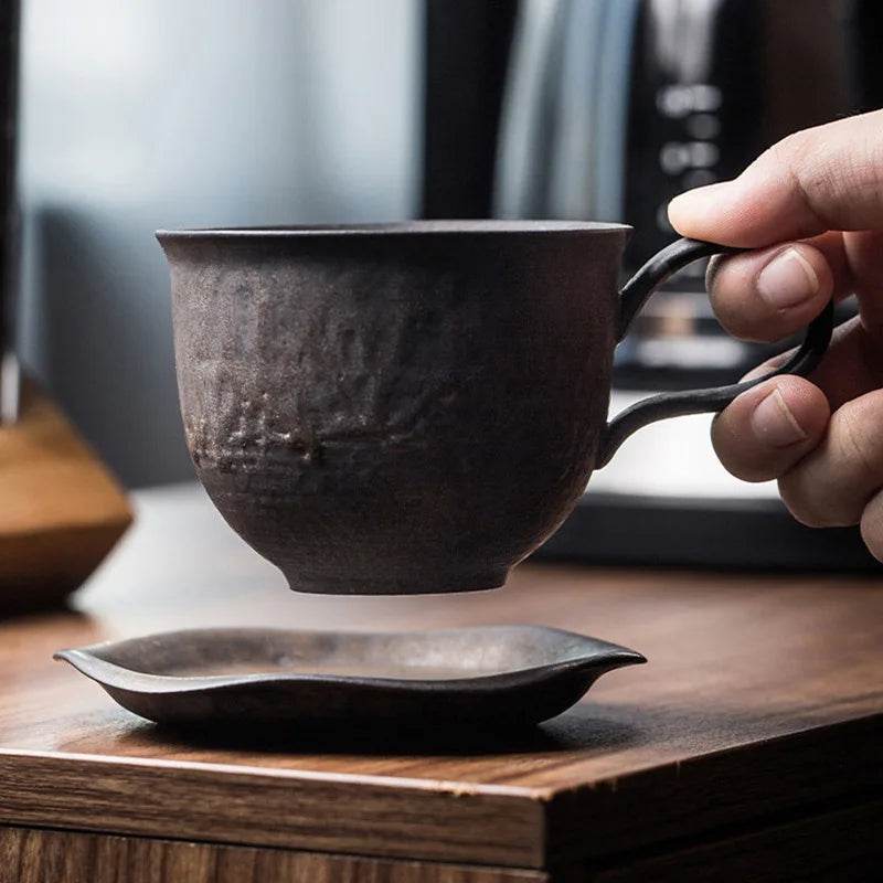 Rustic Vintage Wrought Iron Effect Ceramic Stoneware Coffee Cup with Saucer - Le Joyau Store - cozy,elegant,handmade,stoneware,vintage - 