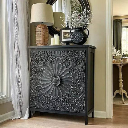 Black Gothic Carved Floral Accent Cabinet Vintage Rustic Storage with Embossed Doors - Le Joyau Store - black,durable,floral,rustic,wood - Metal Church Window