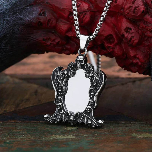 Antique Gothic Skull & Bat Ornate Mirror Punk Pendant Necklace - Le Joyau Store - charm,mirror,punk,skull - Pendant Only