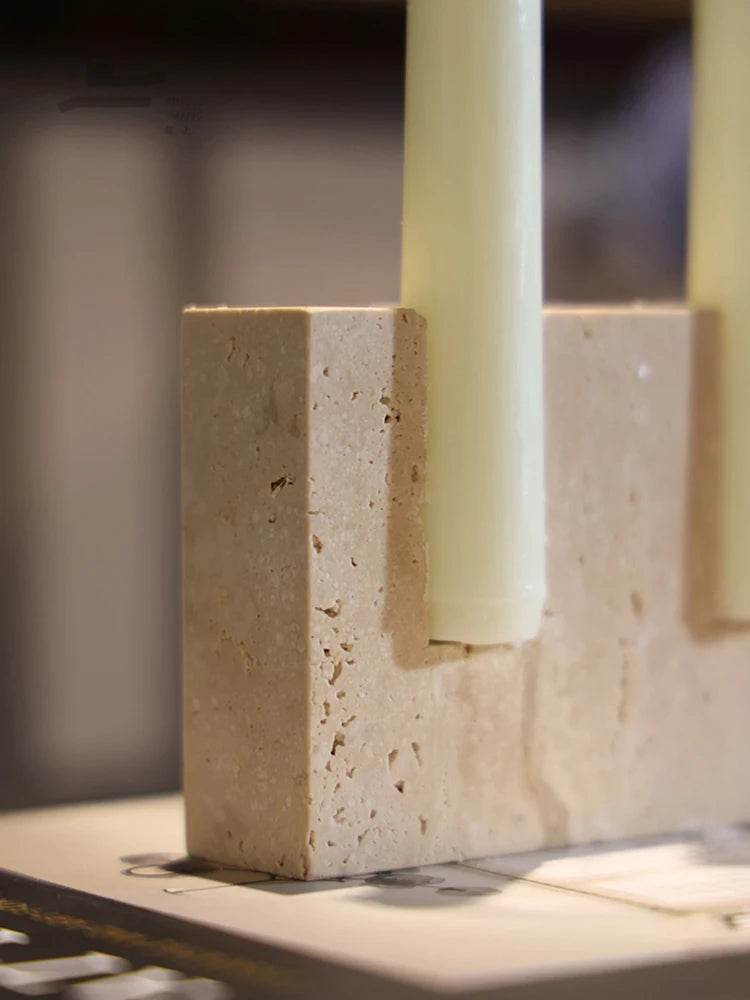 Vintage Rustic Beige Travertine Stone Taper Candle Holder - Le Joyau Store - Beige,Handcrafted,Marble,Minimalism,Vintage - A