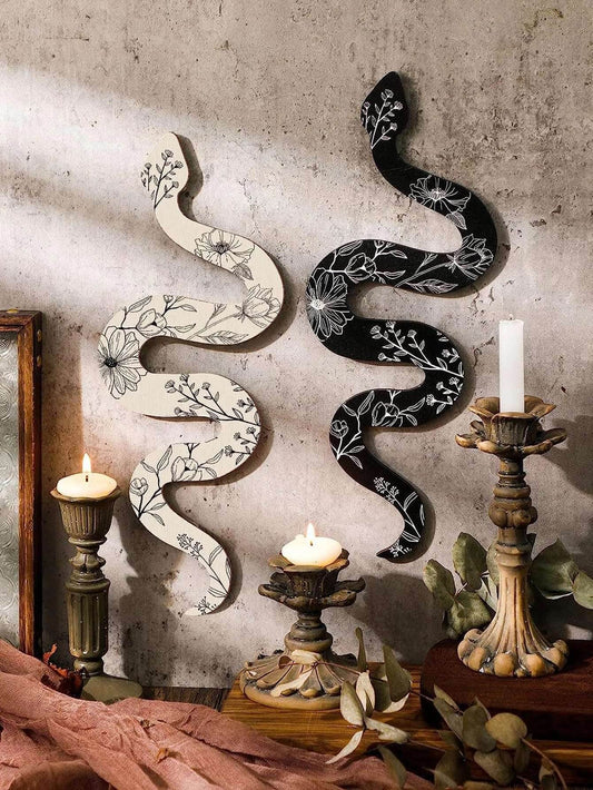 Rustic Wooden Floral Boho Witchy Snake Hanging Wall Decor - Le Joyau Store - - Black