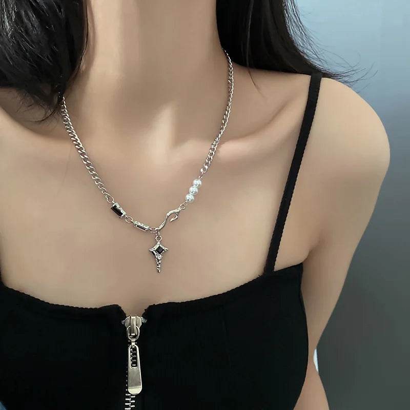 Gothic Punk Silver Zircon Cross Star Beaded Pearl Unisex Chain Necklace - Le Joyau Store - beaded,tassel,titanium,unisex,zircon - A