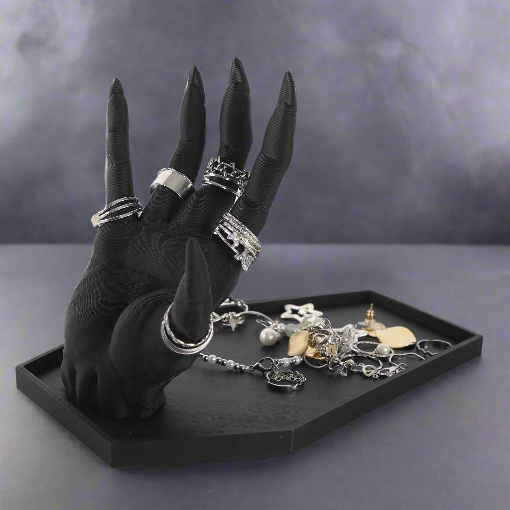 Gothic Devil’s Hand & Coffin Jewelry Holder Black Occult Ring & Necklace Display Stand - Le Joyau Store - dark,decor,gothic,jewelry,stand - 