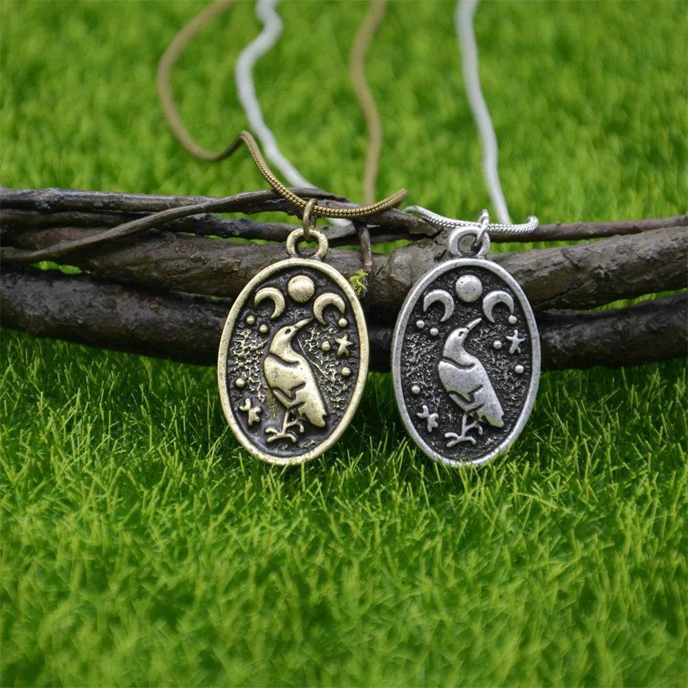 Antique Odin Raven Triple Moon Goddess Nordic Viking Gothic Witches Pendant Necklace - Le Joyau Store - Antique,Odin,Pagan,Triple Moon,Witchcraft - Rope Chain Bronze