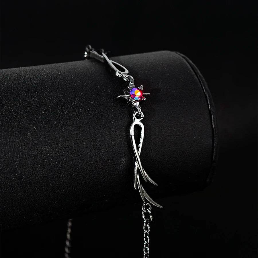 Gothic Blackened Silver Feathered Six Point Rhinestone Star Chain Bracelet - Le Joyau Store - Feather,Gun black,Punk style - 