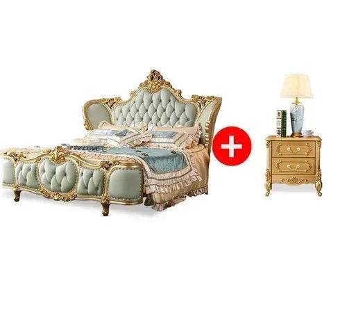 European Royal Mint Green Plush Leather King Size Luxury Bedframe with Gold Engraved Headboard - Le Joyau Store - Bedroom,Green,King Size,Leather,Modern - Bed Only