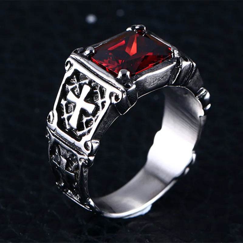 Vintage Silver Elegant Red Zircon Engraved Cross Men's Punk Ring - Le Joyau Store - charm,cross,party,red,zircon - 7