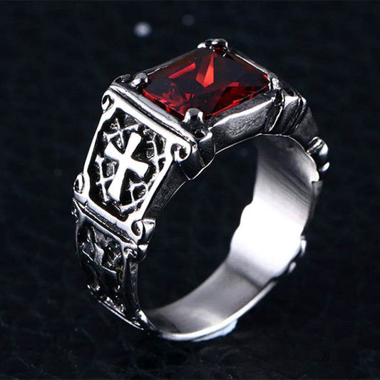 Vintage Silver Elegant Red Zircon Engraved Cross Men's Punk Ring - Le Joyau Store - charm,cross,party,red,zircon - 7