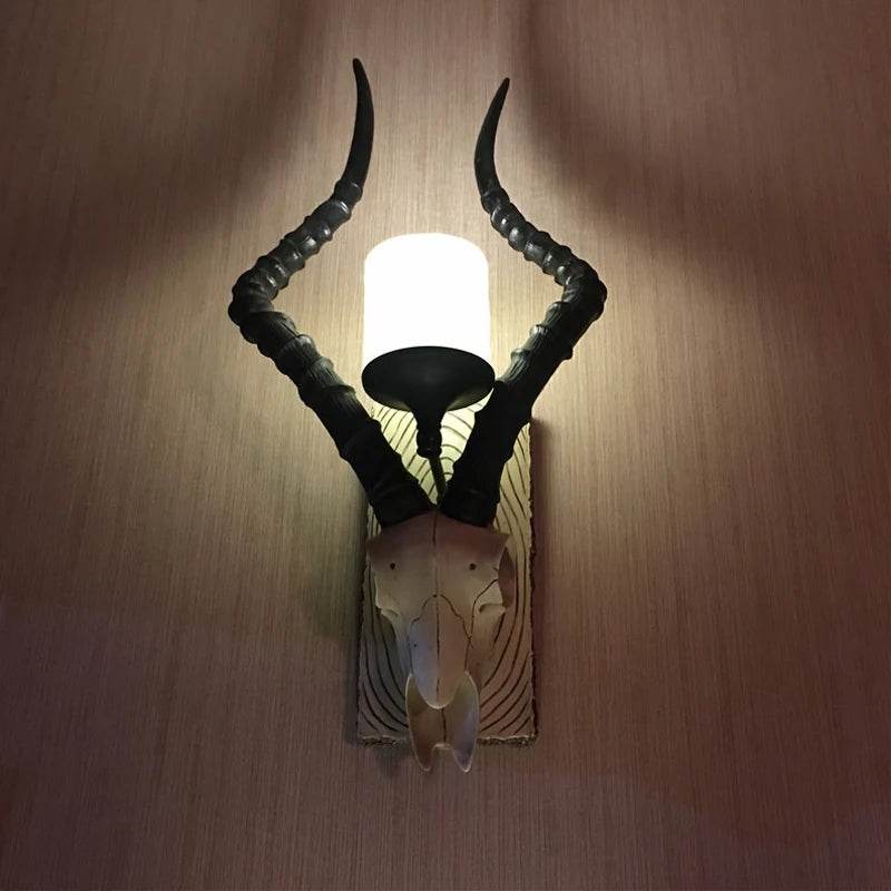Industrial Gothic Replica Sheep Head Skull Wall Lamp with Wooden Headboard - Le Joyau Store - Creative,LED,Resin,Retro,Sheep Head - 110V