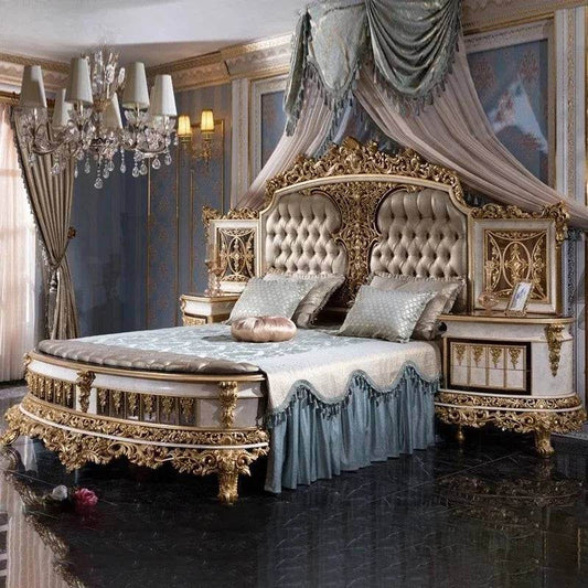 Luxury Royal Baroque Gold Double Bed European Bedroom Furniture with Optional Side Table - Le Joyau Store - Double Bed,European,Gold Engraved,Luxury,Modern - Bed