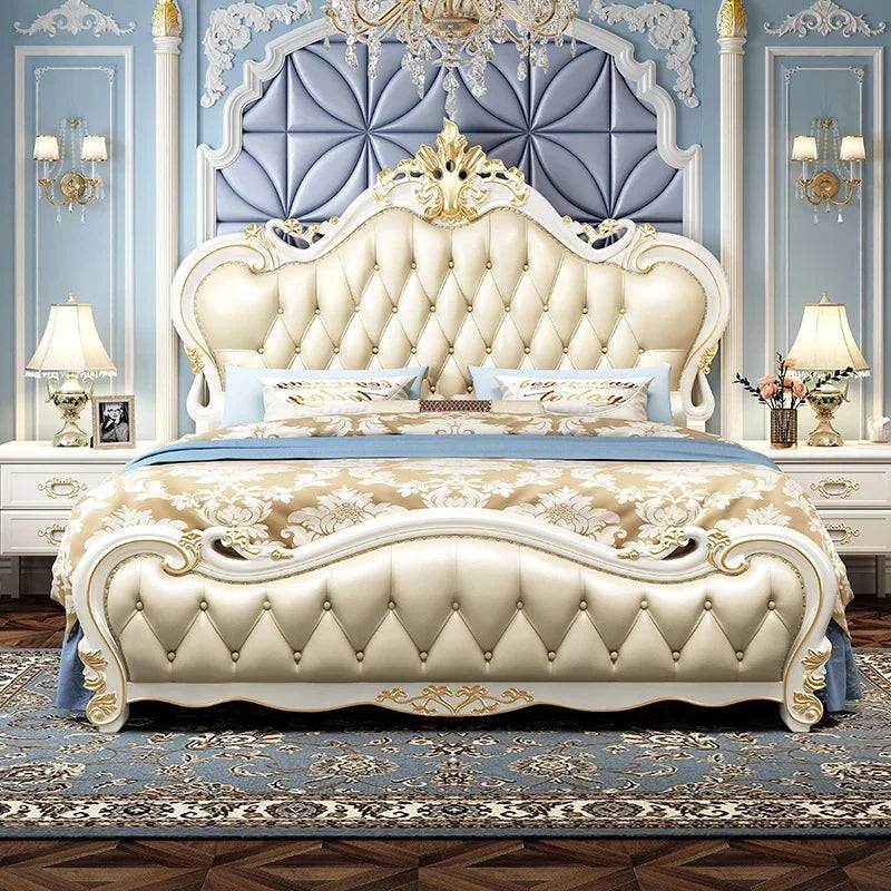 European Princess Queen or King Size Quilted Cream Bedframe with Wooden Headboard - Le Joyau Store - Solid Wood,Villa Style,White Wood - Frame Construction / 1.5x2.0m Bed