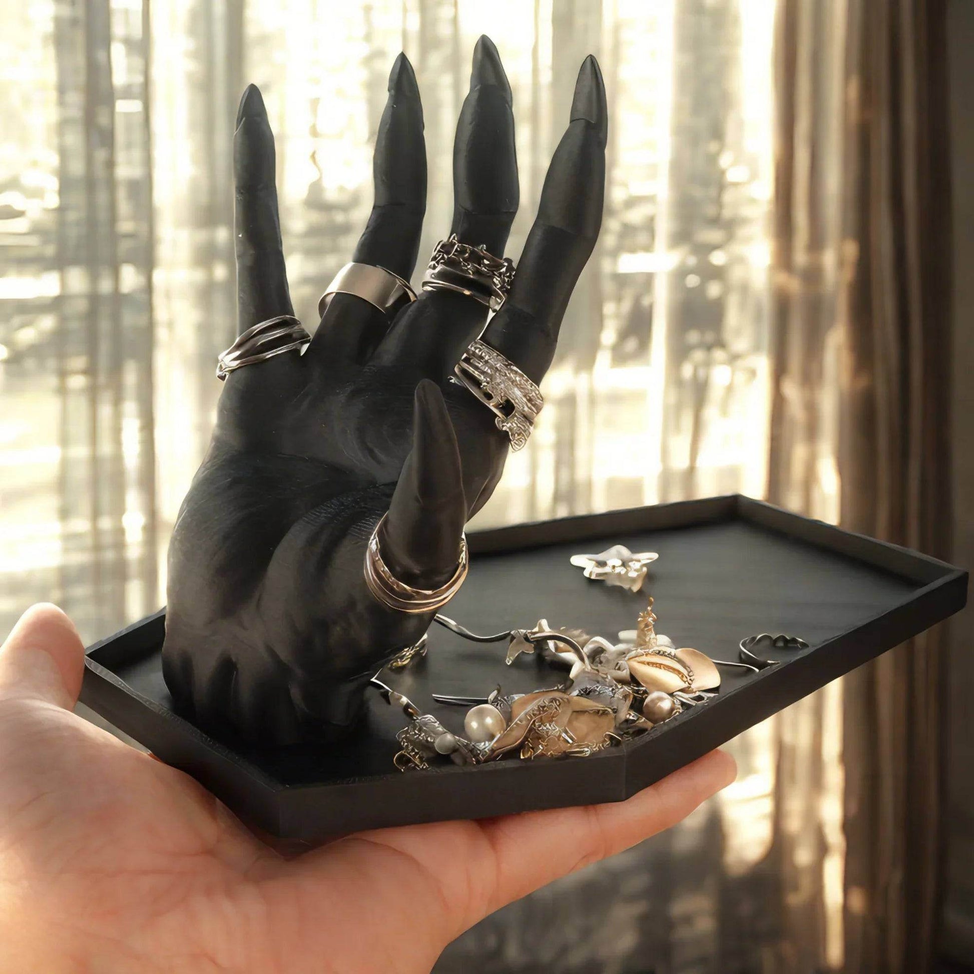 Gothic Devil’s Hand & Coffin Jewelry Holder Black Occult Ring & Necklace Display Stand - Le Joyau Store - dark,decor,gothic,jewelry,stand - 