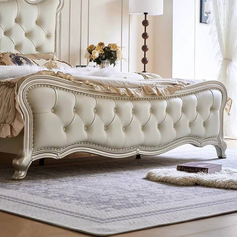 Luxury European Genuine Leather King Size Cream Royal Bed with Light Gold Engraved Headboard - Le Joyau Store - Double Bed,European,Luxury,Multifunction - 1.5x2.0M / Bed Only