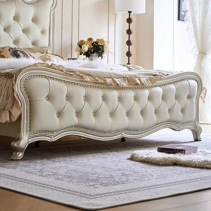 Luxury European Genuine Leather King Size Cream Royal Bed with Light Gold Engraved Headboard - Le Joyau Store - Double Bed,European,Luxury,Multifunction - 1.5x2.0M / Bed Only