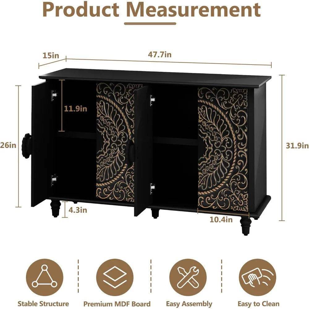 Gothic Baroque Black & Gold Sideboard Cabinet Embossed 4-Door Buffet with Ornate Carvings - Le Joyau Store - 4 doors,accent,black,vintage,wood - Black