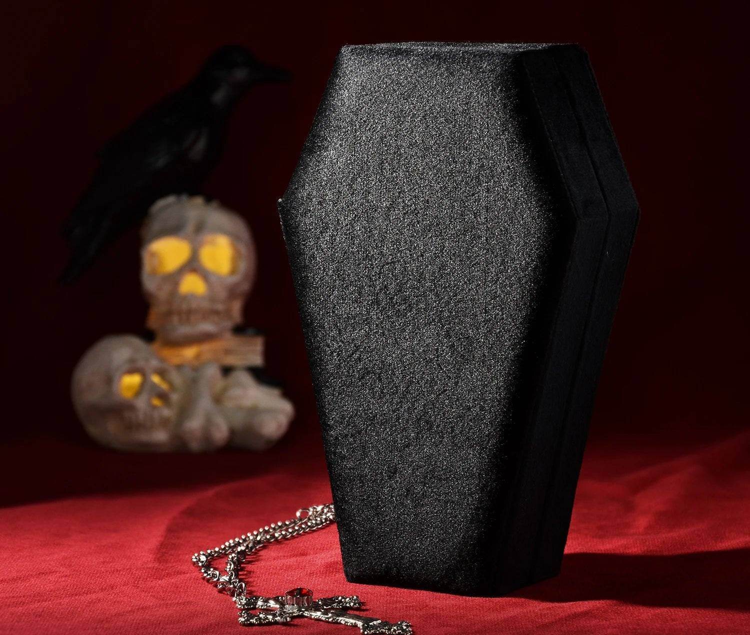 Velvet Coffin Jewelry Box Gothic Black & Red Ring Display Case with Lid - Le Joyau Store - coffin,custom,gothic,jewelry,velvet - M / Rose Logo