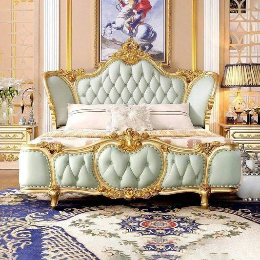 European Royal Mint Green Plush Leather King Size Luxury Bedframe with Gold Engraved Headboard - Le Joyau Store - Bedroom,Green,King Size,Leather,Modern - Bed Only