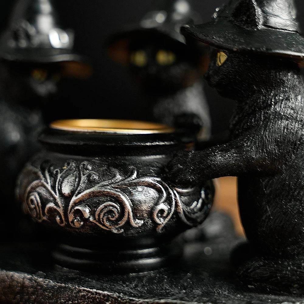 Gothic Black Cat Witches Cauldron Candle Holder - Le Joyau Store - Crafts,Halloween,Home Decor,Resin,Witch Cat - 