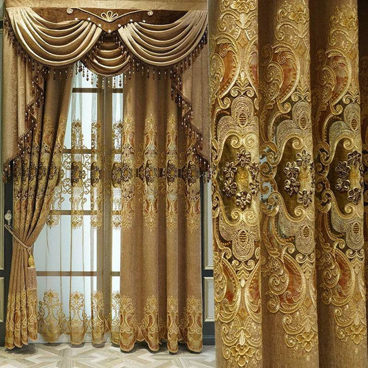 Luxury European Vintage Baroque Chenille Embroidered Blackout Curtains - Le Joyau Store - - Coffee Curtian / W300cmxH250cm 1PC / Hook