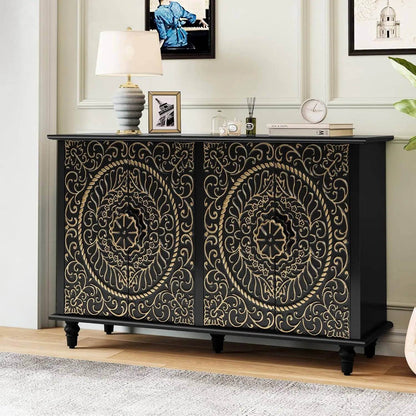 Gothic Baroque Black & Gold Sideboard Cabinet Embossed 4-Door Buffet with Ornate Carvings - Le Joyau Store - 4 doors,accent,black,vintage,wood - Black