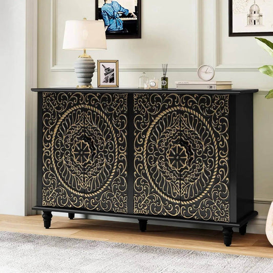 Gothic Baroque Black & Gold Sideboard Cabinet Embossed 4-Door Buffet with Ornate Carvings - Le Joyau Store - 4 doors,accent,black,vintage,wood - Black