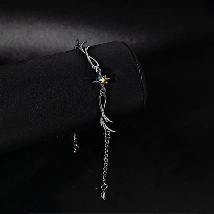 Gothic Blackened Silver Feathered Six Point Rhinestone Star Chain Bracelet - Le Joyau Store - Feather,Gun black,Punk style - 