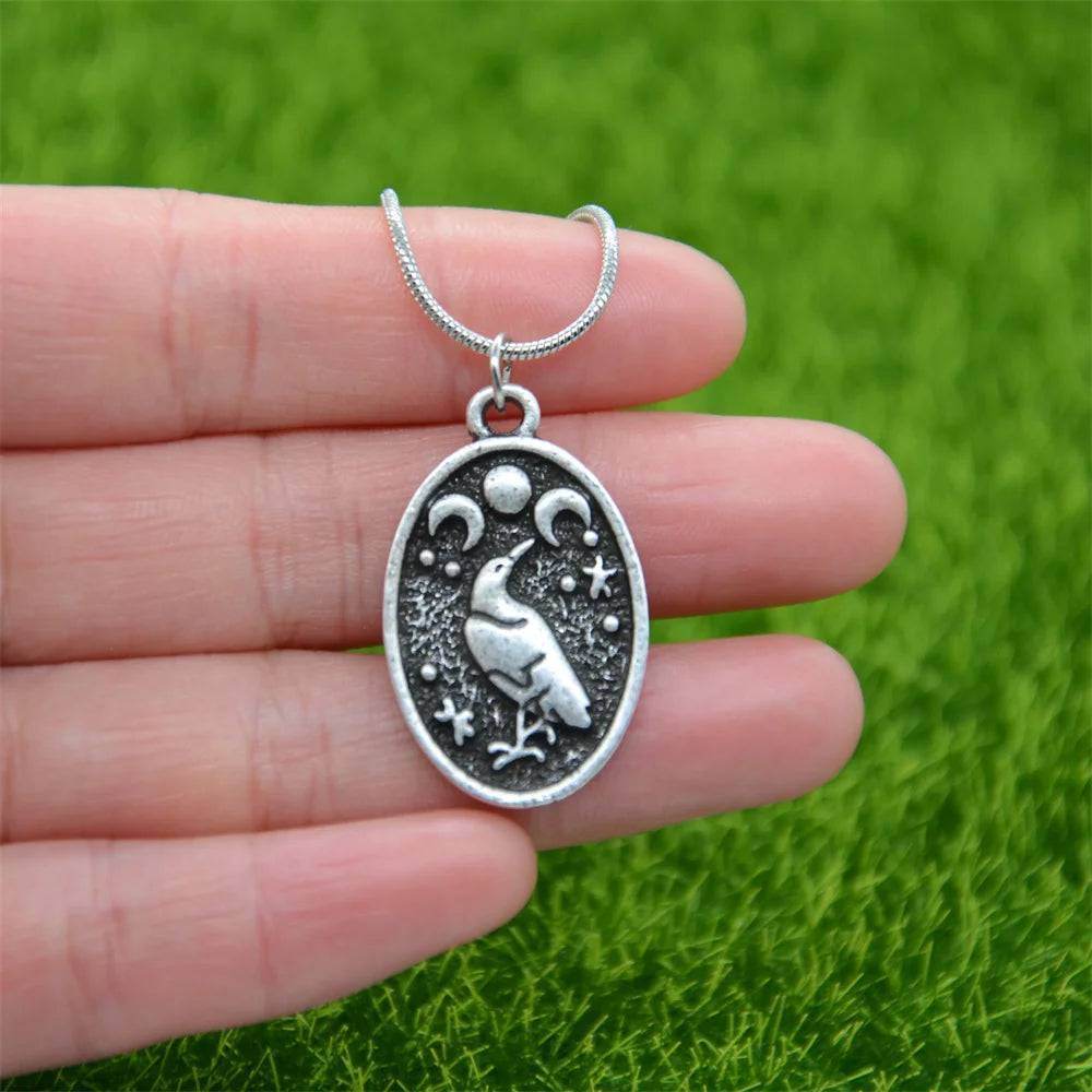 Antique Odin Raven Triple Moon Goddess Nordic Viking Gothic Witches Pendant Necklace - Le Joyau Store - Antique,Odin,Pagan,Triple Moon,Witchcraft - Rope Chain Bronze