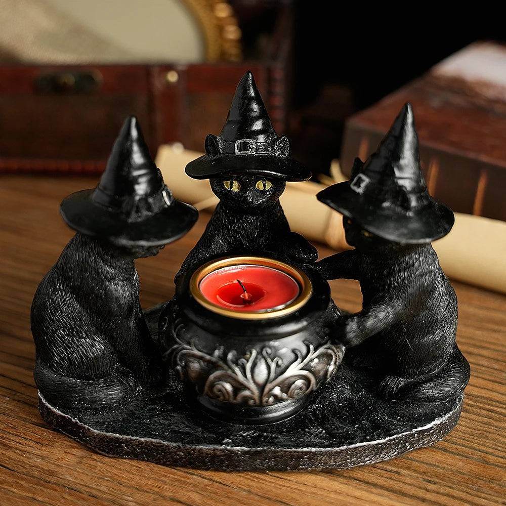 Gothic Black Cat Witches Cauldron Candle Holder - Le Joyau Store - Crafts,Halloween,Home Decor,Resin,Witch Cat - 