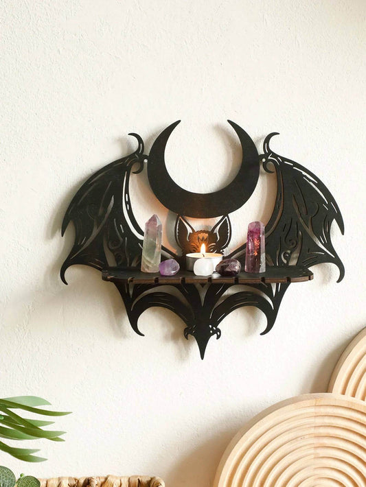 Gothic Black Bat & Crescent Moon Witches Wooden Wall Shelf Crystal Display Rack - Le Joyau Store - Bat,Black,Gothic,Halloween,Moon - 