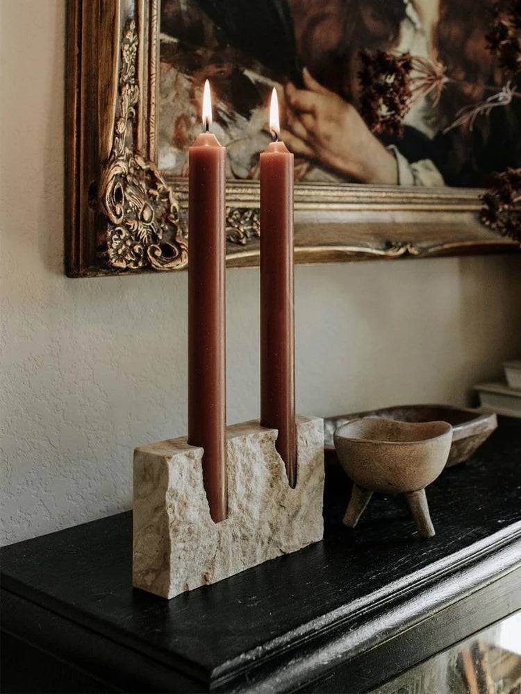 Vintage Rustic Beige Travertine Stone Taper Candle Holder - Le Joyau Store - Beige,Handcrafted,Marble,Minimalism,Vintage - A