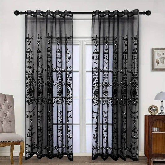 Gothic Vintage French Style Black Tulle Beaded Net Curtain (1 Pcs) - Le Joyau Store - beaded,black,embroidery,light filter,tulle - 1 Panel W140xH240cm / Grommet (Ring) Top