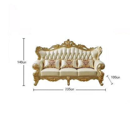 Royal European Cream Quilted Leather & Gilded Wooden Golden Living Room Sofa Set - Le Joyau Store - designer,golden,Nordic,reclining,wood - Single Seat