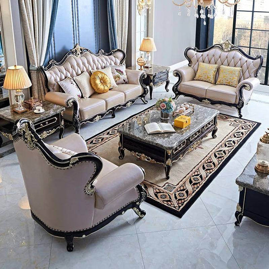 Luxury European Living Room Sofa Sets Royal Quilted Cream & Black Wood Lounge Furniture - Le Joyau Store - - Single Seater