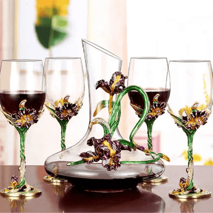 Vintage European Antique Floral Enamel Crystal Wine Decanter or Wine Glasses - Le Joyau Store - crystal,decanter,elegant,gift set,goblets - 1 Glass