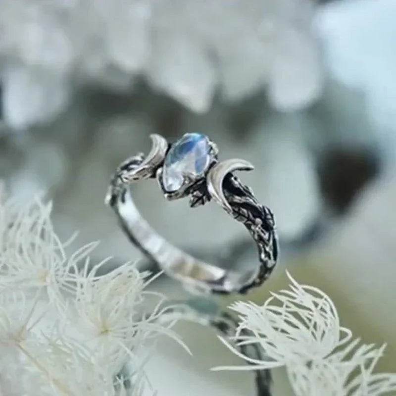 Triple Goddess Witches Crescent Moon & Leaves Moonstone Cubic Zirconia Ring - Le Joyau Store - Bohemian,Cubic zirconia,Finger,Moonstone,Vintage - 6
