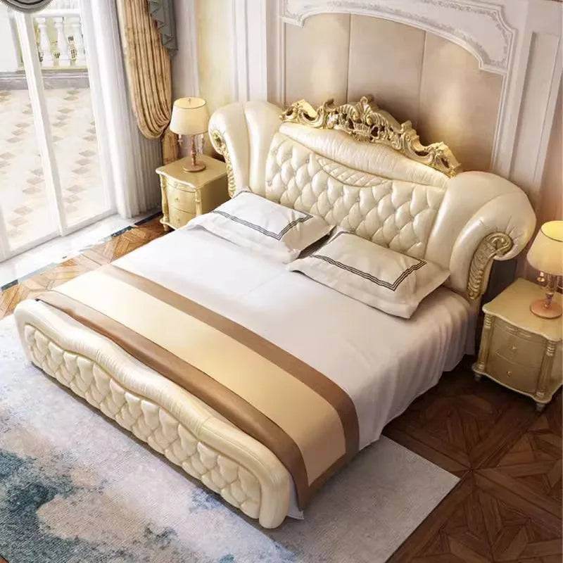 Royal Quilted Cream Pearl King Size Leather Bedframe with Gold Headboard & Optional Nightstand - Le Joyau Store - double,european,king size,modern,wooden - Pressure Structure / 1.8x2.0m Bed