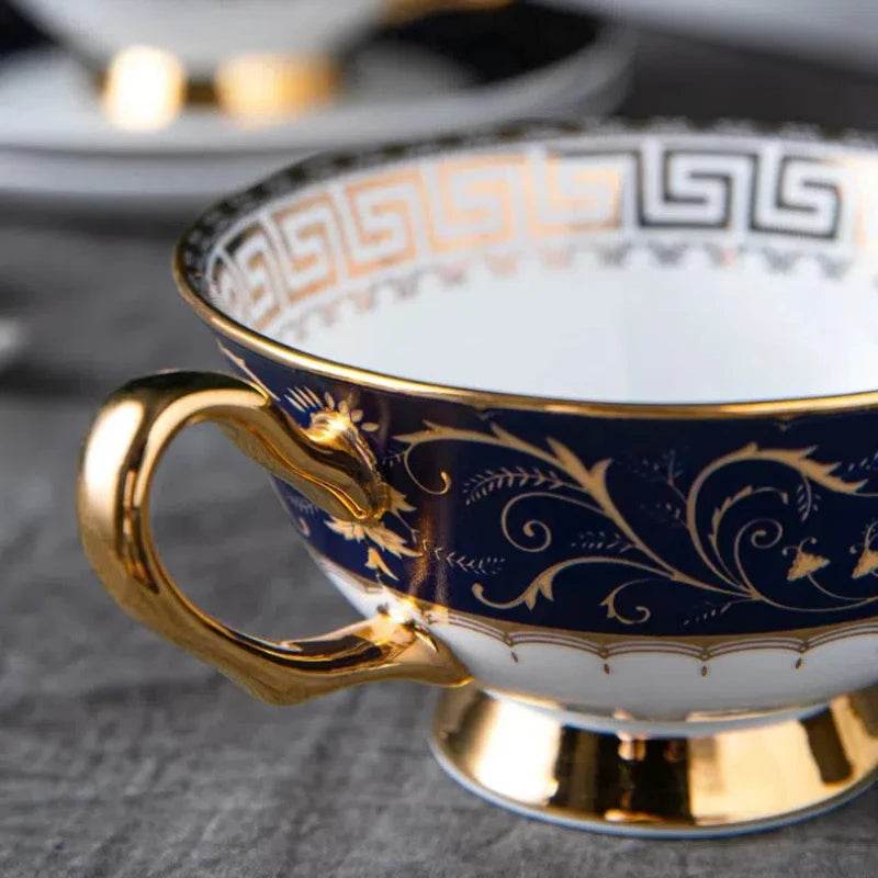 Exquisite Vintage Fine Bone China White, Black & Gold Floral Teacup Set - Le Joyau Store - 220ml,blue,bone china,ceramic,vintage - Classic Set 3pcs
