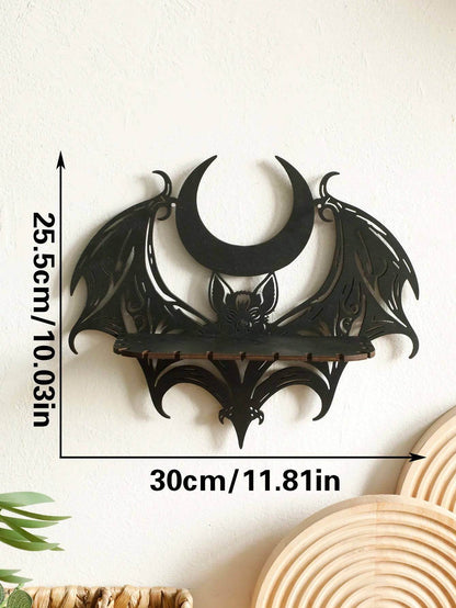 Gothic Black Bat & Crescent Moon Witches Wooden Wall Shelf Crystal Display Rack - Le Joyau Store - Bat,Black,Gothic,Halloween,Moon - 