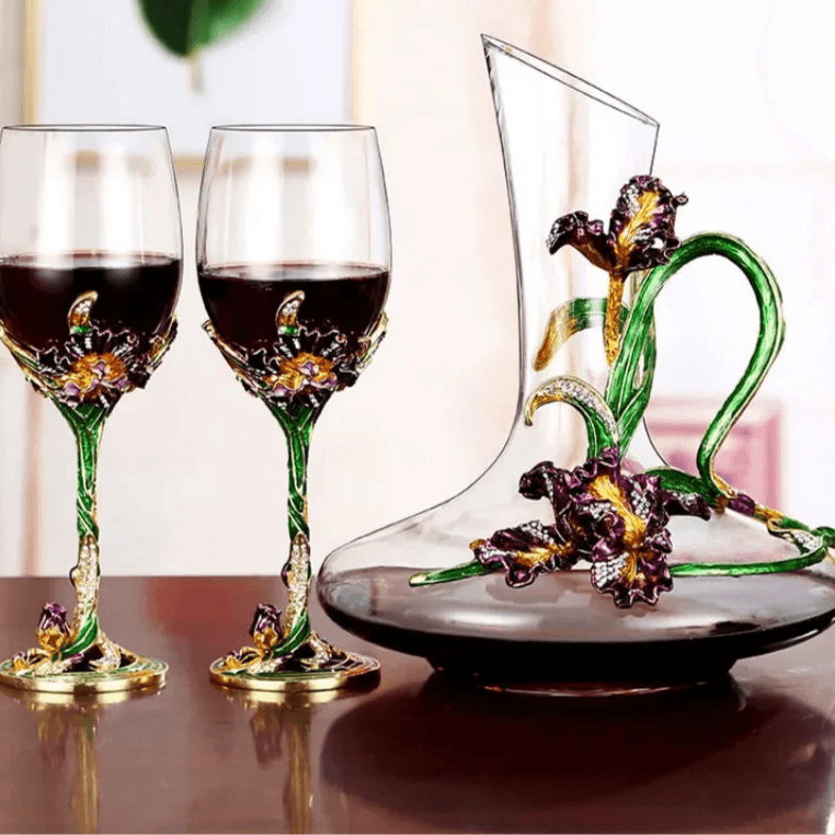 Vintage European Antique Floral Enamel Crystal Wine Decanter or Wine Glasses - Le Joyau Store - crystal,decanter,elegant,gift set,goblets - 1 Glass