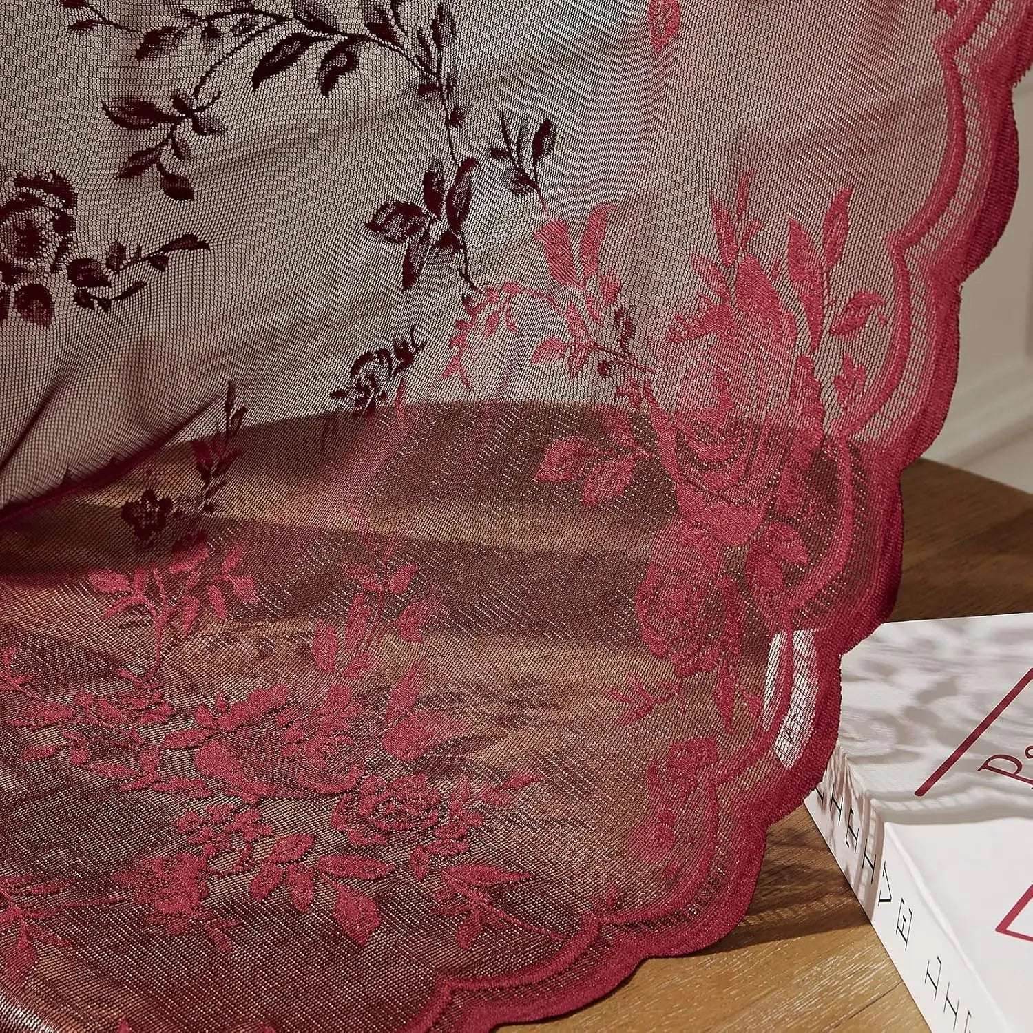 Gothic Vintage Red Rose Floral Lace Sheer Net Curtains - Le Joyau Store - Burgundy,Floral,Lace,Light Filtering,Sheer - 100x200cm / Fixed Pleat