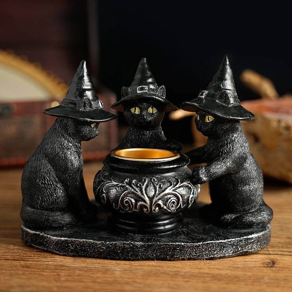Gothic Black Cat Witches Cauldron Candle Holder - Le Joyau Store - Crafts,Halloween,Home Decor,Resin,Witch Cat - 