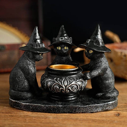 Gothic Black Cat Witches Cauldron Candle Holder - Le Joyau Store - Crafts,Halloween,Home Decor,Resin,Witch Cat - 