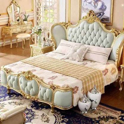 European Royal Mint Green Plush Leather King Size Luxury Bedframe with Gold Engraved Headboard - Le Joyau Store - Bedroom,Green,King Size,Leather,Modern - Bed Only