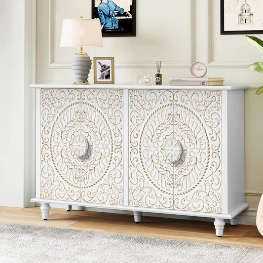 Gothic Baroque Black & Gold Sideboard Cabinet Embossed 4-Door Buffet with Ornate Carvings - Le Joyau Store - 4 doors,accent,black,vintage,wood - Black