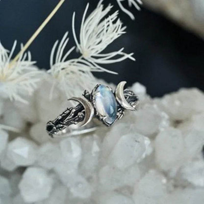 Triple Goddess Witches Crescent Moon & Leaves Moonstone Cubic Zirconia Ring - Le Joyau Store - Bohemian,Cubic zirconia,Finger,Moonstone,Vintage - 6